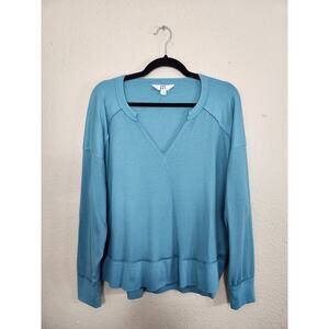 Joy Lab Womens Teal Blue Solid Knit V-Neck Long‎ Sleeve Pullover Sweater Size XL